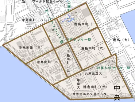 港島南町とその周辺の地図。町の範囲を重ねている
