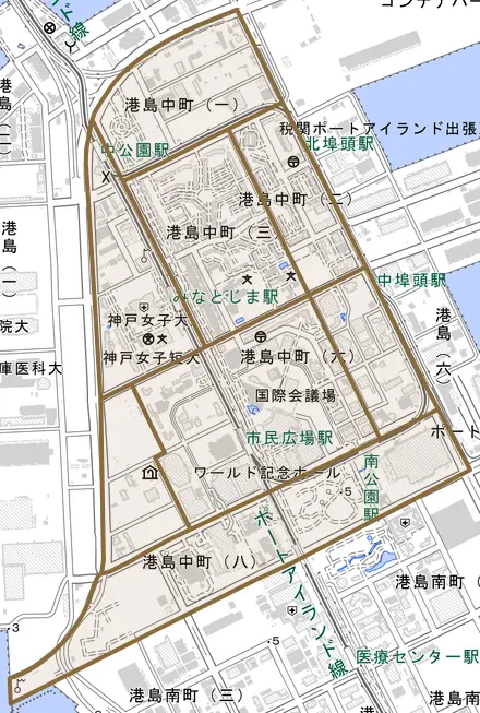 港島中町とその周辺の地図。町の範囲を重ねている
