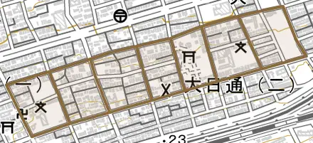 宮本通とその周辺の地図。町の範囲を重ねている