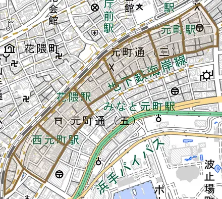 元町通とその周辺の地図。町の範囲を重ねている