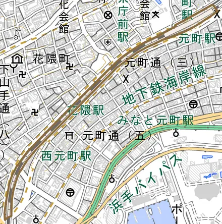 元町高架通とその周辺の地図。町の範囲を重ねている
