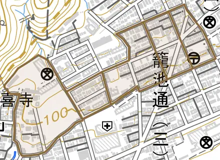 中島通とその周辺の地図。町の範囲を重ねている