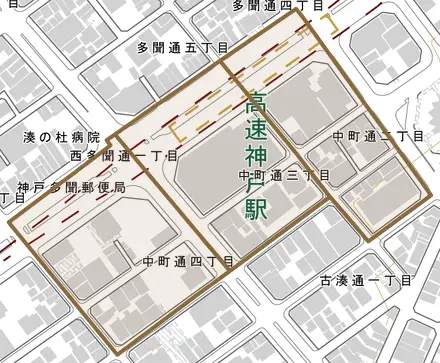 中町通とその周辺の地図。町の範囲を重ねている