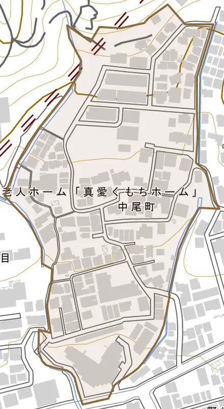 中尾町とその周辺の地図。町の範囲を重ねている
