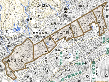 中山手通とその周辺の地図。町の範囲を重ねている