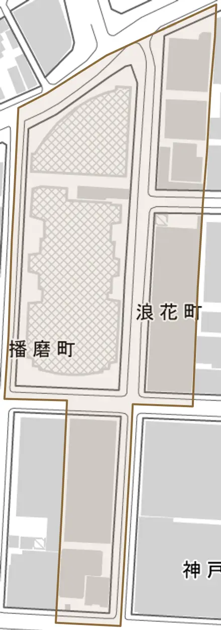 浪花町とその周辺の地図。町の範囲を重ねている