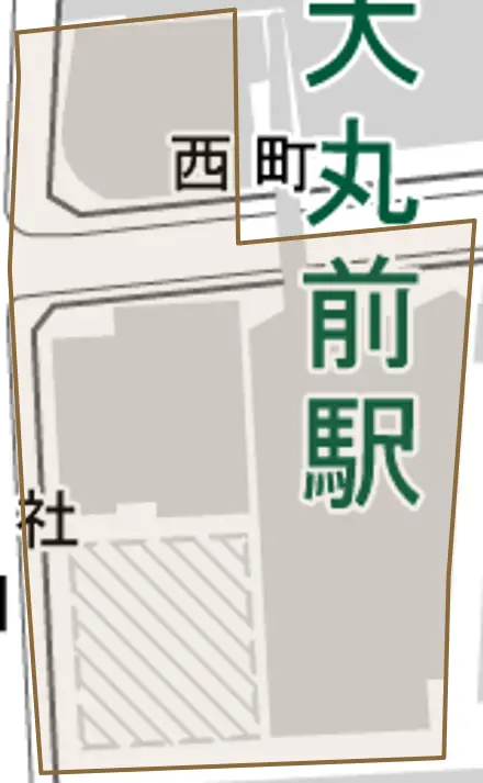 西町とその周辺の地図。町の範囲を重ねている
