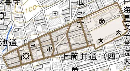 野崎通とその周辺の地図。町の範囲を重ねている