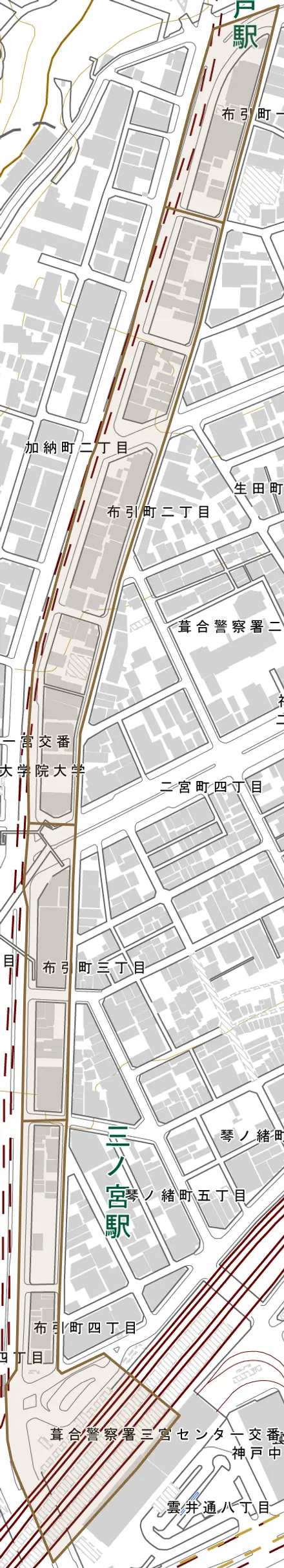 布引町とその周辺の地図。町の範囲を重ねている