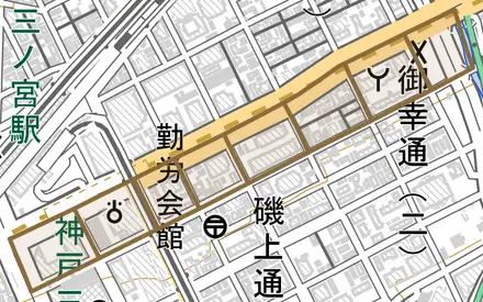 小野柄通とその周辺の地図。町の範囲を重ねている