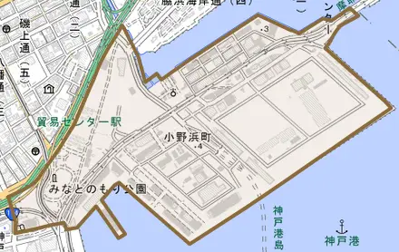 小野浜町とその周辺の地図。町の範囲を重ねている