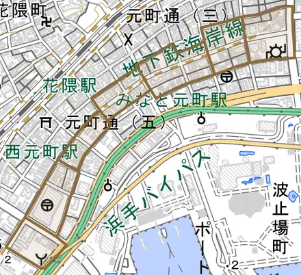 栄町通とその周辺の地図。町の範囲を重ねている