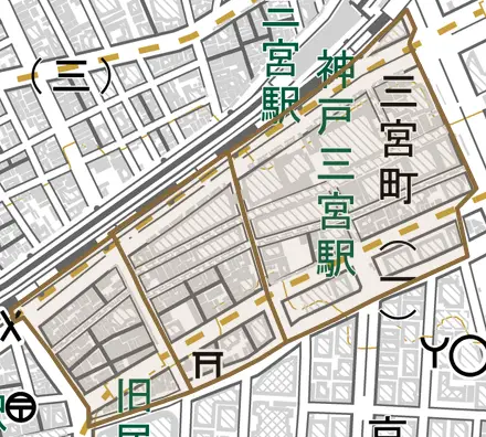 三宮町とその周辺の地図。町の範囲を重ねている