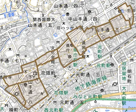 下山手通とその周辺の地図。町の範囲を重ねている