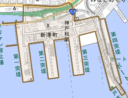 新港町とその周辺の地図。町の範囲を重ねている