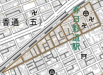 東雲通とその周辺の地図。町の範囲を重ねている