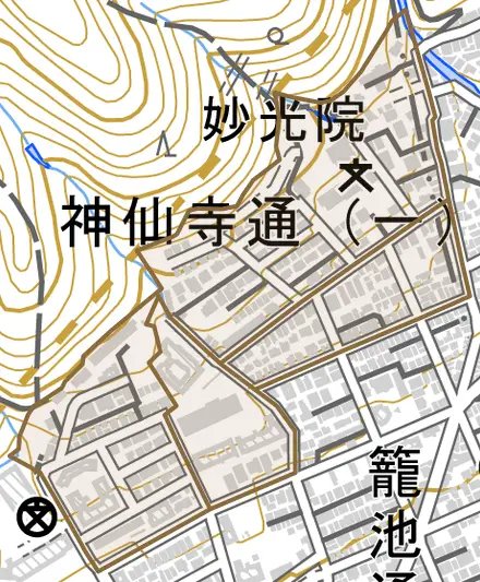神仙寺通とその周辺の地図。町の範囲を重ねている