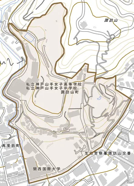 諏訪山町とその周辺の地図。町の範囲を重ねている