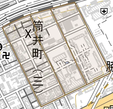 筒井町とその周辺の地図。町の範囲を重ねている