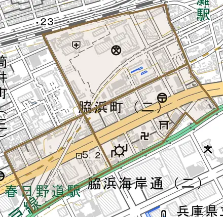 脇浜町とその周辺の地図。町の範囲を重ねている