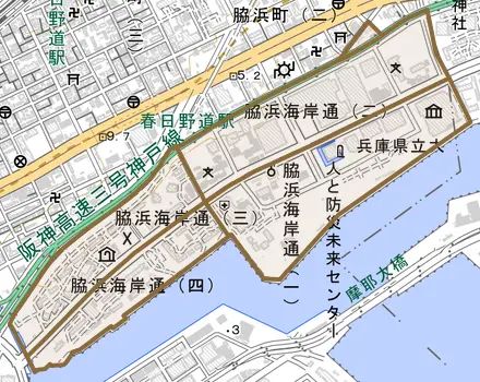 脇浜海岸通とその周辺の地図。町の範囲を重ねている
