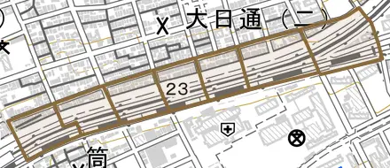 割塚通とその周辺の地図。町の範囲を重ねている