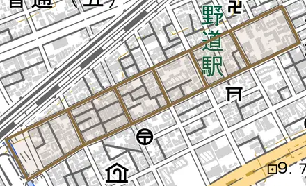 八雲通とその周辺の地図。町の範囲を重ねている