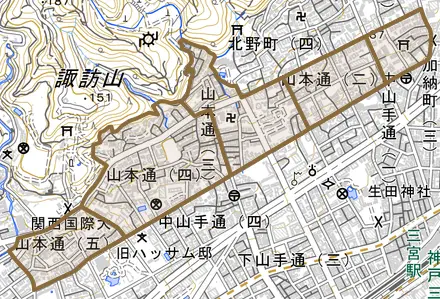 山本通とその周辺の地図。町の範囲を重ねている