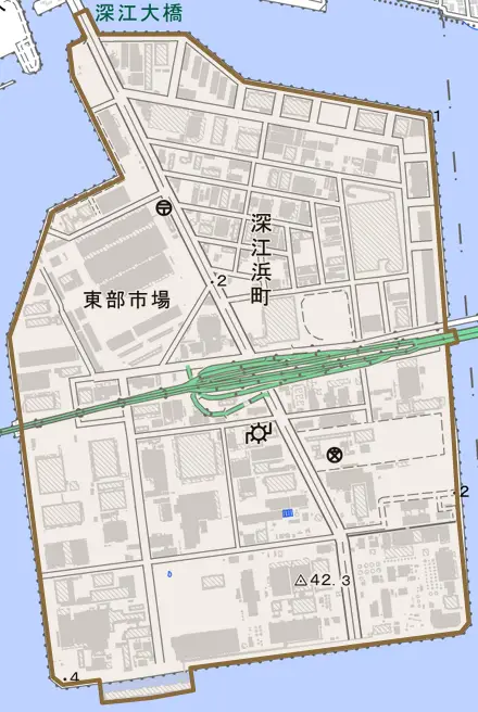 深江浜町とその周辺の地図。町の範囲を重ねている