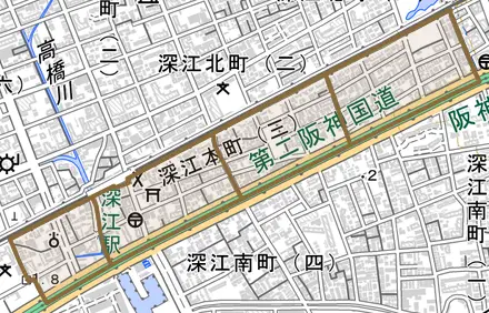 深江本町とその周辺の地図。町の範囲を重ねている