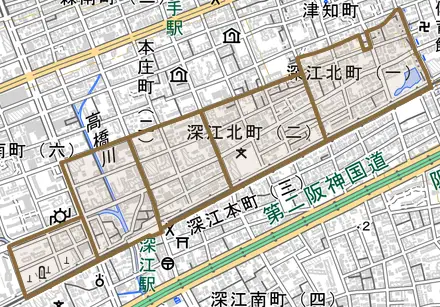 深江北町とその周辺の地図。町の範囲を重ねている