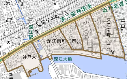 深江南町とその周辺の地図。町の範囲を重ねている