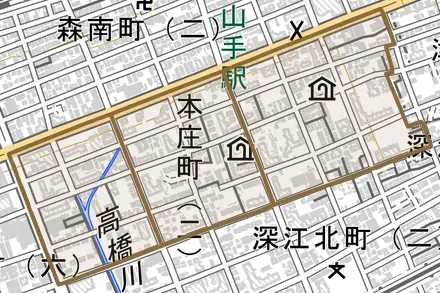 本庄町とその周辺の地図。町の範囲を重ねている