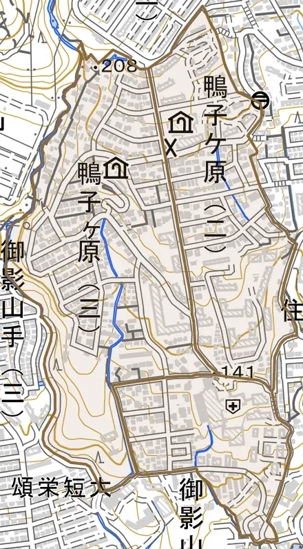 鴨子ケ原とその周辺の地図。町の範囲を重ねている