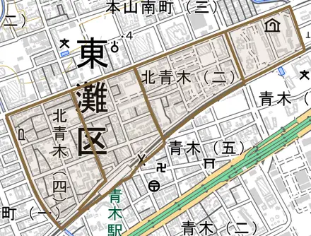 北青木とその周辺の地図。町の範囲を重ねている