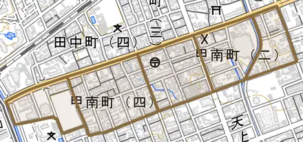 甲南町とその周辺の地図。町の範囲を重ねている