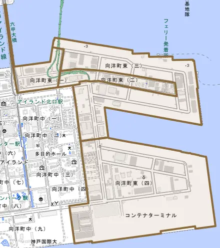向洋町東とその周辺の地図。町の範囲を重ねている