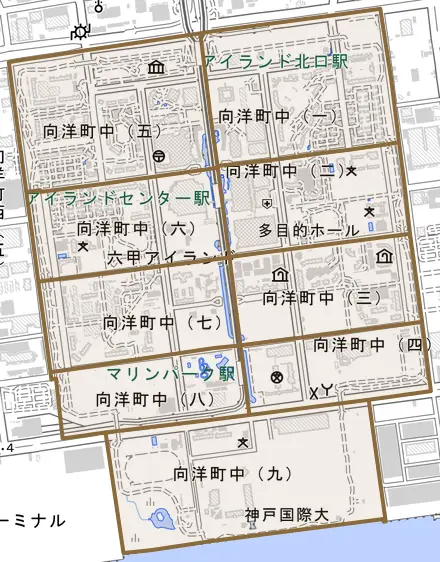 向洋町中とその周辺の地図。町の範囲を重ねている