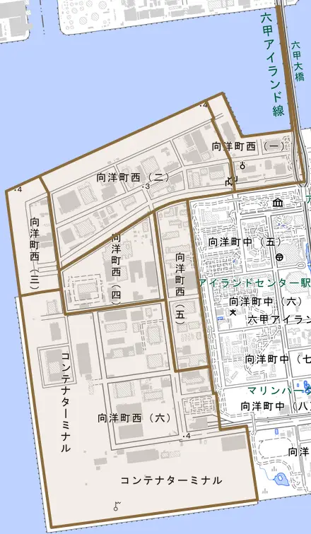 向洋町西とその周辺の地図。町の範囲を重ねている
