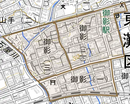 御影とその周辺の地図。町の範囲を重ねている