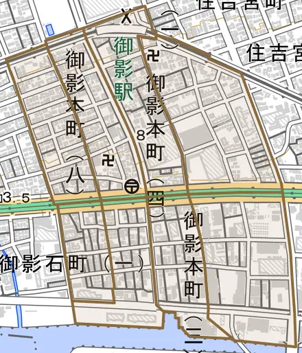 御影本町とその周辺の地図。町の範囲を重ねている