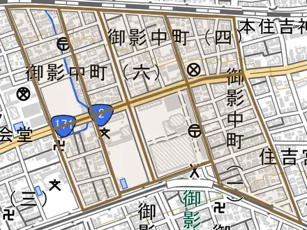 御影中町とその周辺の地図。町の範囲を重ねている
