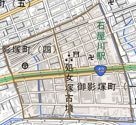 御影塚町とその周辺の地図。町の範囲を重ねている