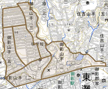御影山手とその周辺の地図。町の範囲を重ねている
