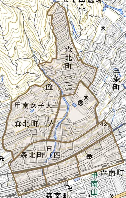 森北町とその周辺の地図。町の範囲を重ねている