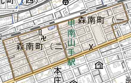 森南町とその周辺の地図。町の範囲を重ねている