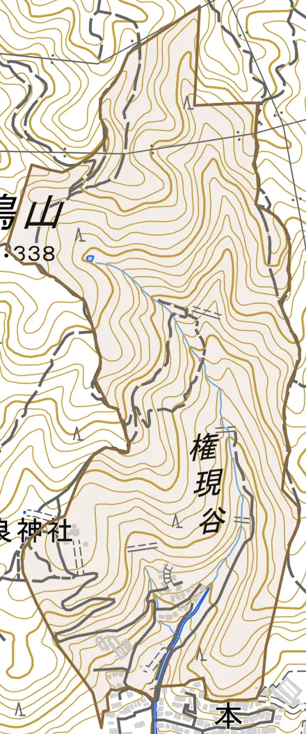 本山町北畑とその周辺の地図。町の範囲を重ねている