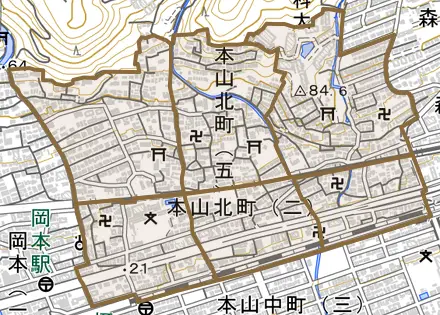 本山北町とその周辺の地図。町の範囲を重ねている