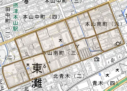 本山南町とその周辺の地図。町の範囲を重ねている