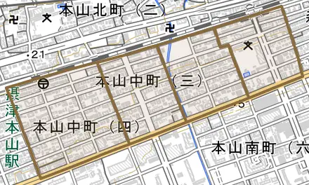 本山中町とその周辺の地図。町の範囲を重ねている
